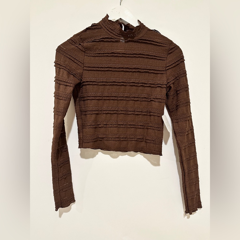 NWT Altar’d State Brown Ribbed Long Sleeve Lace Top XS